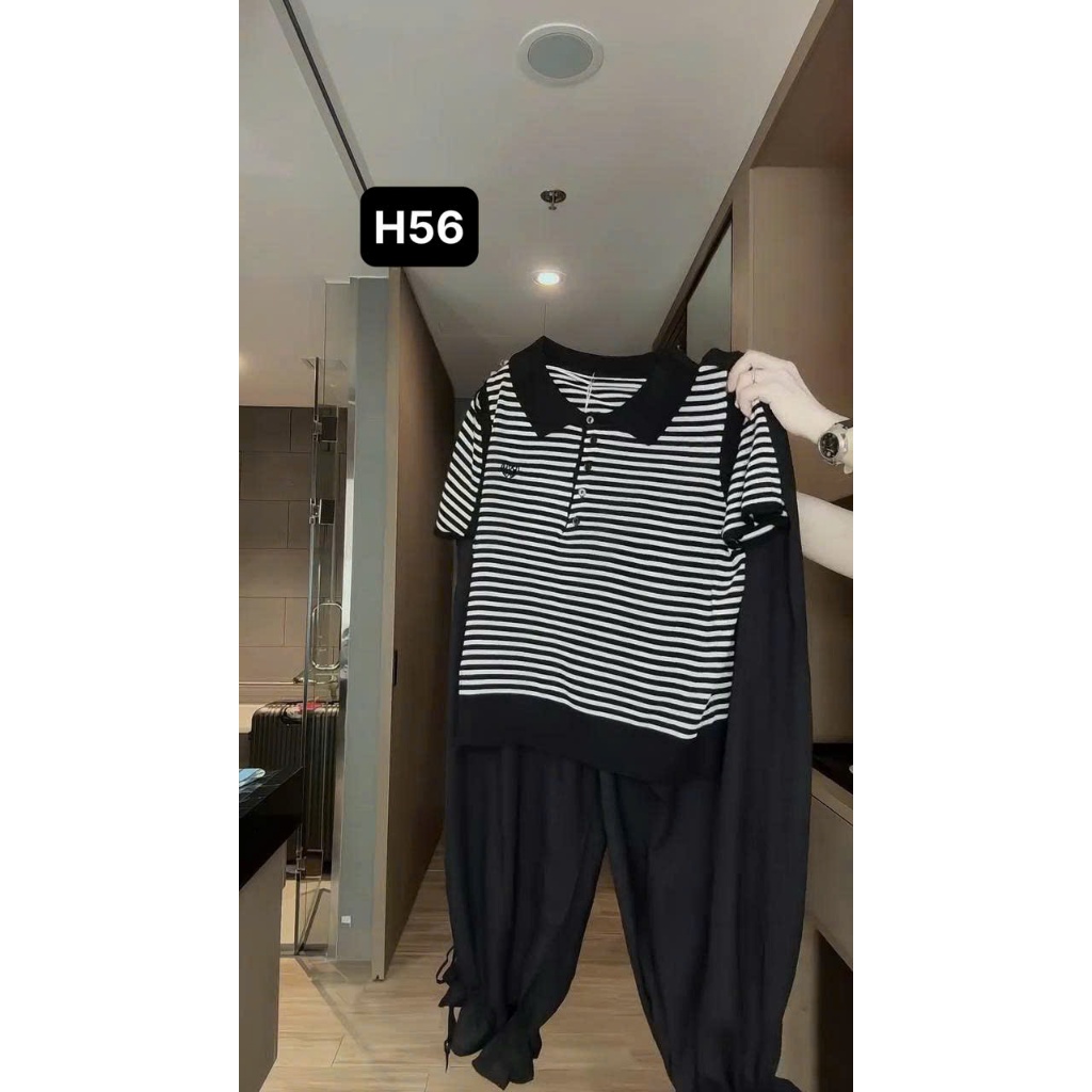 H56 Set Áo Kẻ Khoét Vai Phối Quần Suông