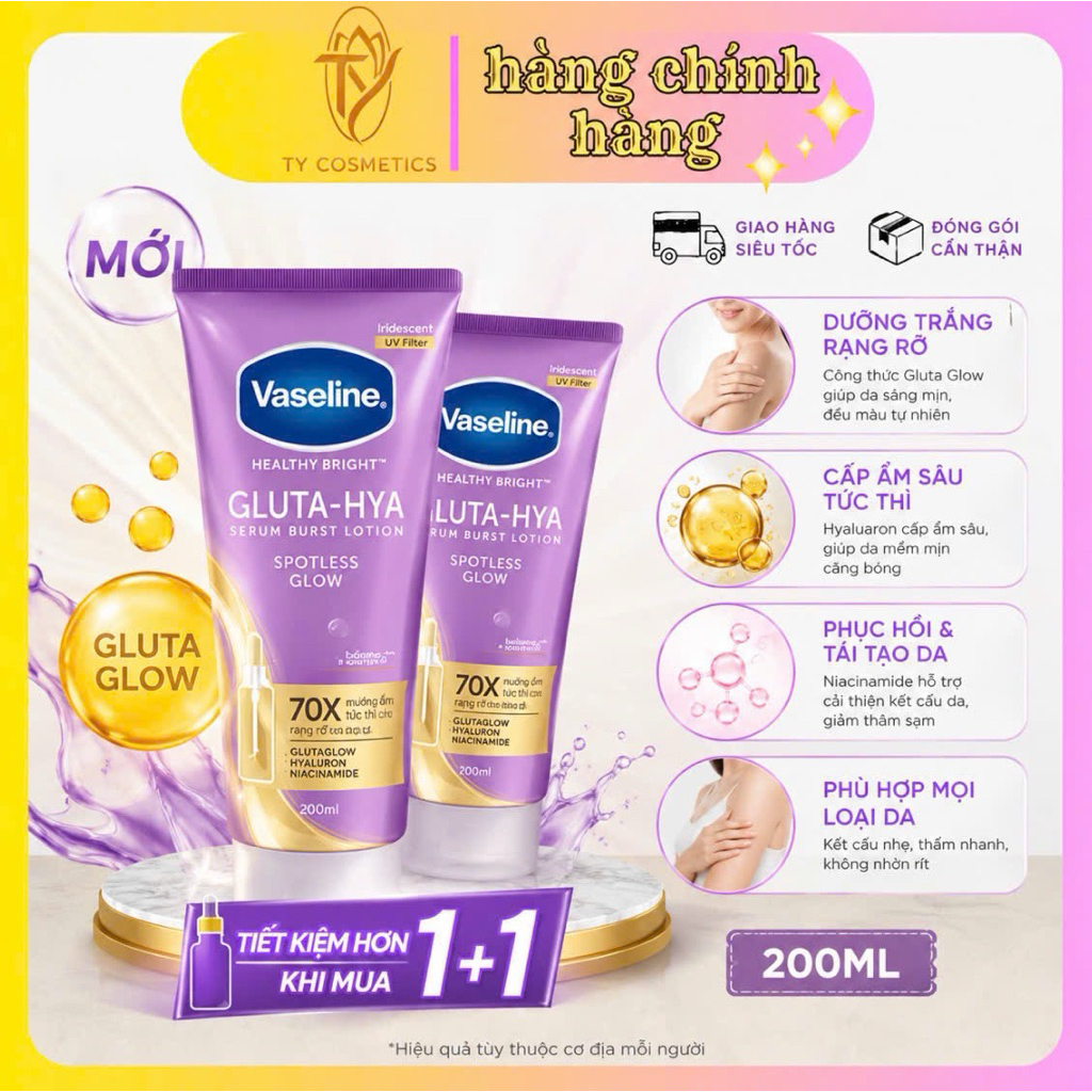 💜 Dưỡng Thể Vaseline 70x Tím Healthy Bright Gluta HYA Serum Burst lotion SPOTLESS GLOW 290ml Thái La