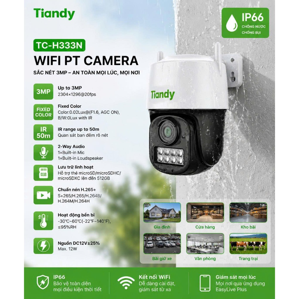 Camera Wifi Tiandy TC-H333N 3.0 Megapixel - Đèn Ban Đêm Có Màu, Đàm Thoại 2 Chiều