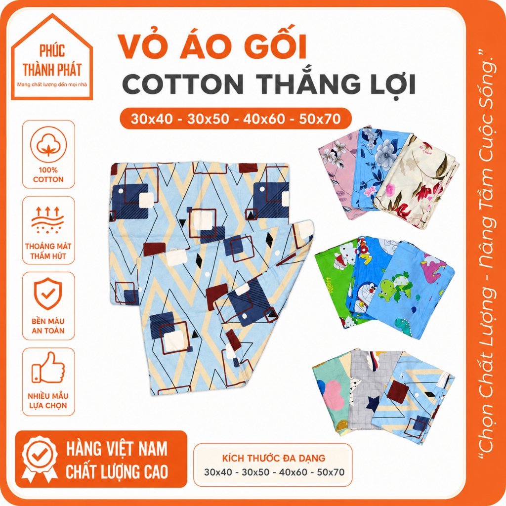 Vỏ Áo Gối Nằm Cotton 100% Thắng Lợi Mát Đủ Size 50x70 40x60 30x50 30x40 Không Xù Lông