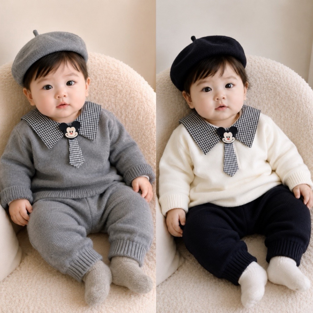 [Tặng Mũ] Combo bộ len rời carvat kèm mũ cho bé 3-13kg