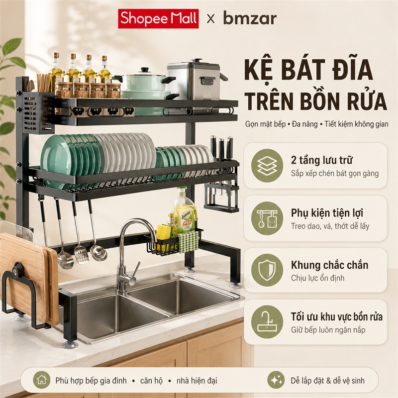 BMZAR Kệ đựng bát đĩa Trên Bồn Rửa Bát Cao Cấp Kệ để bát đĩa Trên Bồn Rửa 55-125cm Kệ để bát inox 30