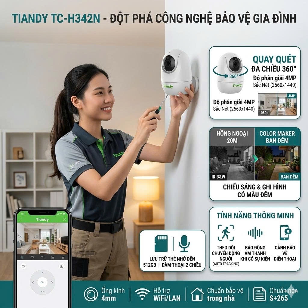 Camera WiFi TIANDY H322N 2MP/TC-H332N 3MP/TC-H342N 4MP Chính Hãng - Xoay 360 Độ, Đàm Thoại 2 Chiều,T
