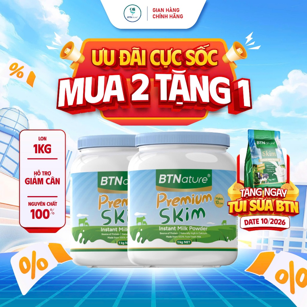 COMBO 2 HỘP | Sữa Bột Tách Béo Cao Cấp BTNature Skim – Canxi Protein Dinh Dưỡng Kiểm Soát Cân Nặng