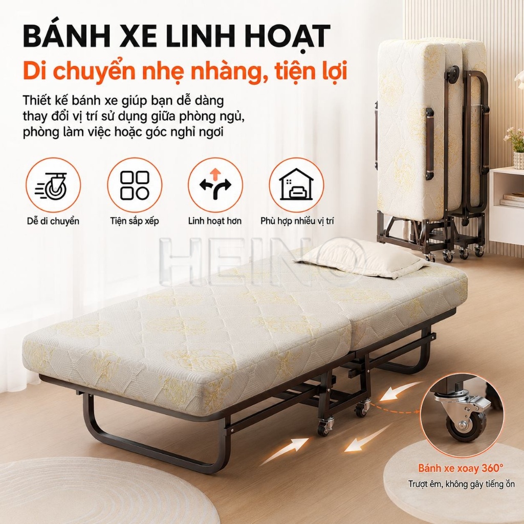 HEINO Giường Gấp Gọn Đa Năng 190 x 70 / 90cm Có Đệm Dày 6cm Khung Thép Chắc Chắn Có Bánh Xe | BigBuy360 - bigbuy360.vn