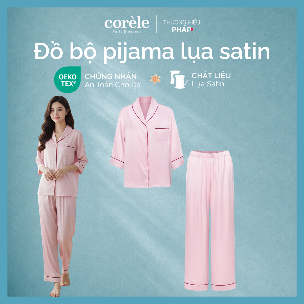 Đồ bộ Pijama nữ lụa satin cao cấp mặc nhà tay dài quần dài sang trọng, chuẩn an toàn OEKO-TEX | CORÈ