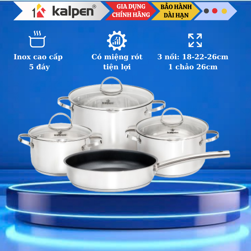 [HỎA TỐC] Bộ nồi 4 món inox 304 cao cấp 5 đáy Kalpen Lermat L2pro. Nồi size 18-22-26cm và chảo 26cm