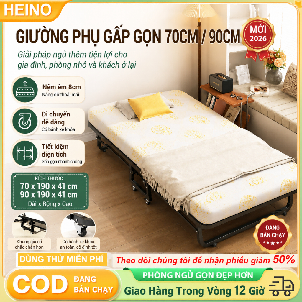 HEINO Giường Gấp Gọn Đa Năng 190 x 70 / 90cm Có Đệm Dày 6cm Khung Thép Chắc Chắn Có Bánh Xe | BigBuy360 - bigbuy360.vn
