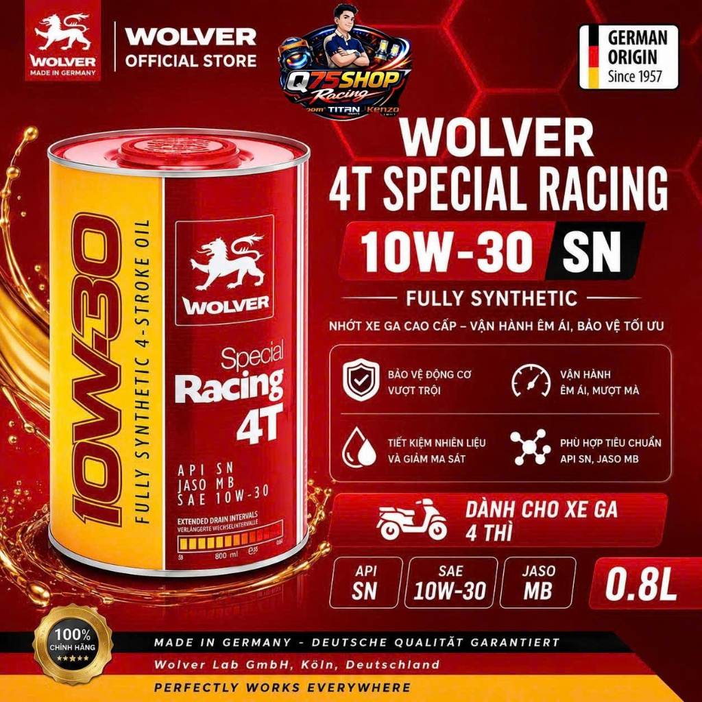Nhớt xe tay ga cao cấp Wolver Special Racing Fully Synthetic 10W30 800ML, JASO MB- Sản xuất tại Đức