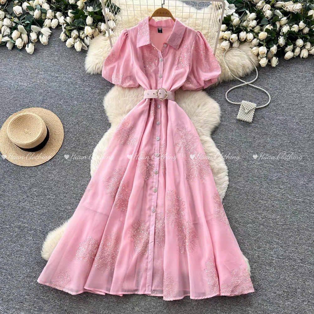 HA7483 [Order] Đầm Maxi Cổ Sơ Mi Tay Phồng Đính Nhũ Kèm Thắt Lưng Vintage Đi Làm Đi Chơi Đi Tiệc Ret