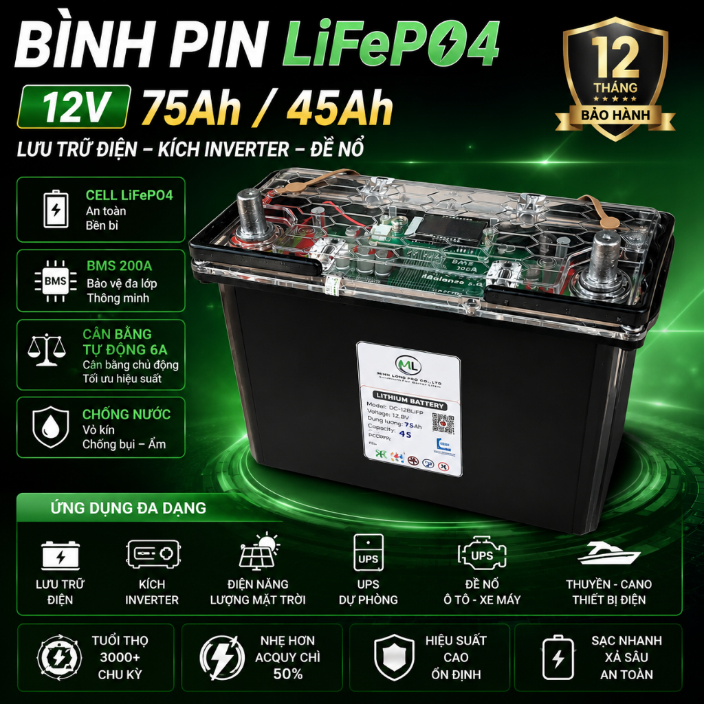 Bình Pin LiFePO4 12V 75Ah / 45Ah Lưu Trữ, Kích Inverter, Đề Nổ – BMS Cân Bằng Tự Động 6A, Chống Nước