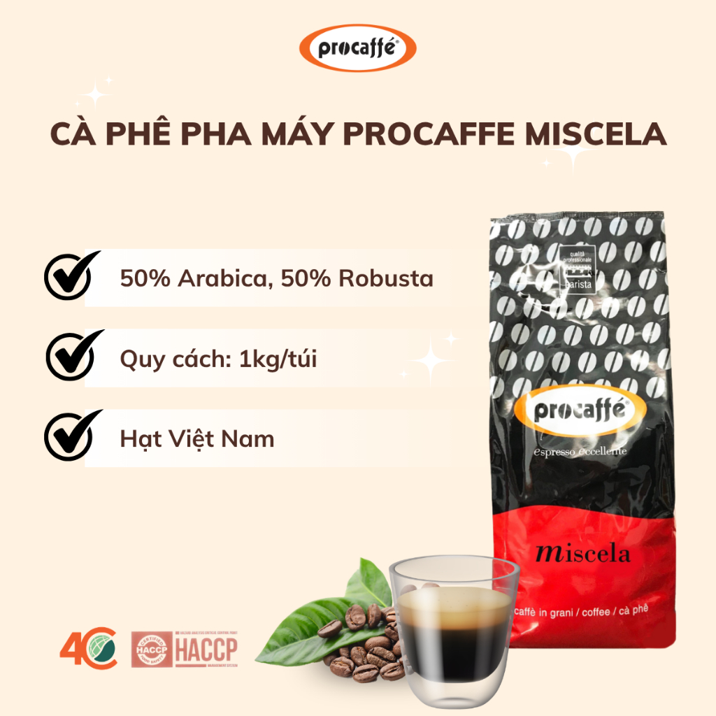 Cà phê pha máy nguyên chất Procaffe Miscela túi 1kg
