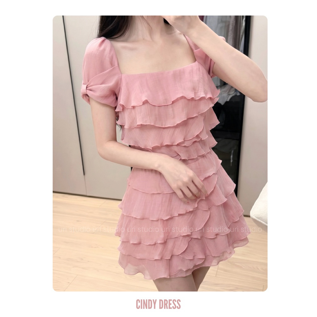 Cindy Dress - Váy voan tầng tay phối nơ tiểu thư | URI STUDIO