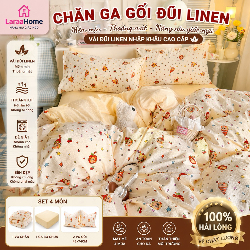 Bộ Chăn Ga Gối Đũi Linen 4 Món 1 Vỏ Chăn 1 Ga Bo Chun 2 Vỏ Gối 48x74 Chất Vải Đũi Linen Thoáng Khí