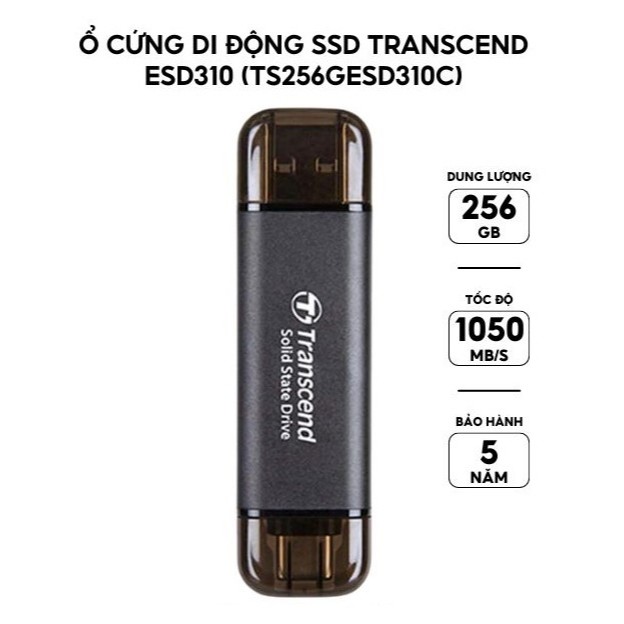 Ổ cứng di động SSD ESD310 USB và TypeC 256GB Transcend đọc 1050MB/s ghi 990MB/s