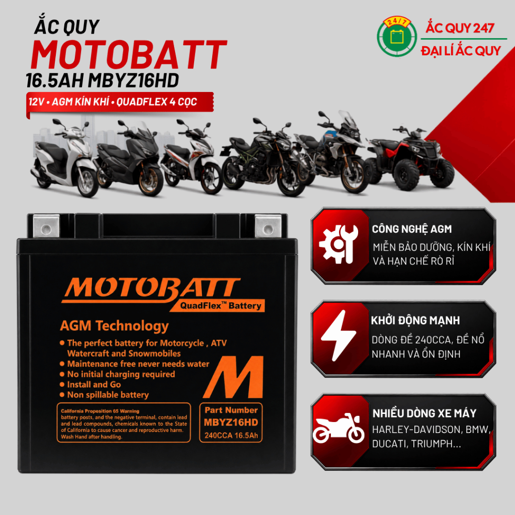 Ắc quy Motobatt MBYZ16HD 12V 16.5Ah 240CCA AGM 4 cọc đề khỏe miễn bảo dưỡng cho mô tô PKL