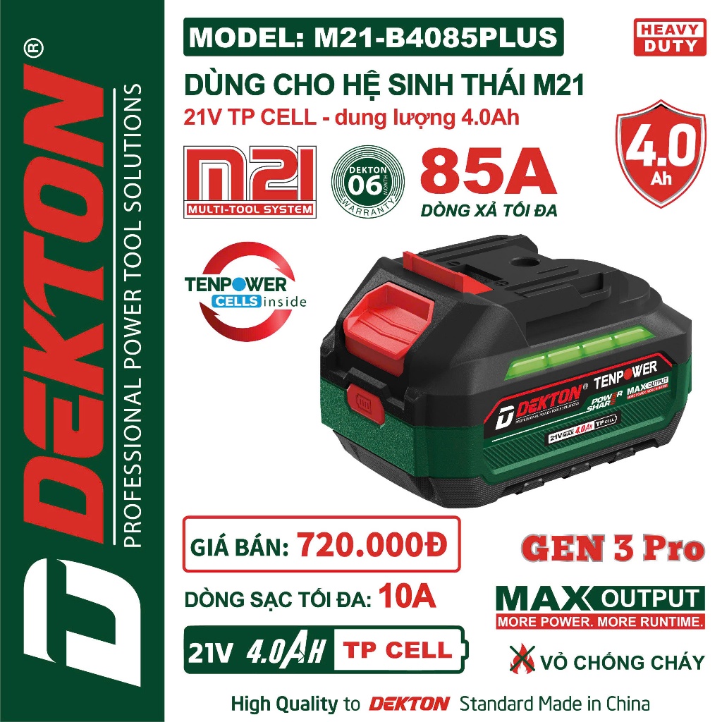 DEKTON M21-B4085PLUS 10 cell 4ah. dòng xã CAO 85A / Bảo hành 1 năm