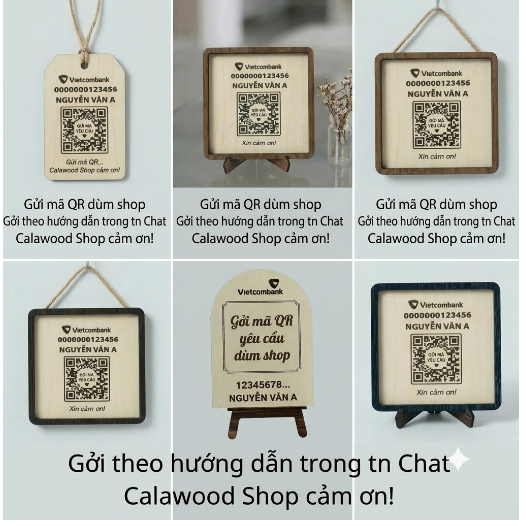 -GỞI HÌNH QR DÙM  SHOP-Bảng gỗ kt 12 x 12 cm in mã QR ngân hàng, Wifi, QR code để bàn/dây treo/dán k