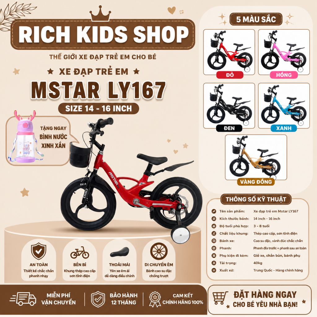 [Tặng bình nước- Deal xả kho] Xe đạp trẻ em MSTAR LY167 size 14-16 inch cho bé giá rẻ xả kho