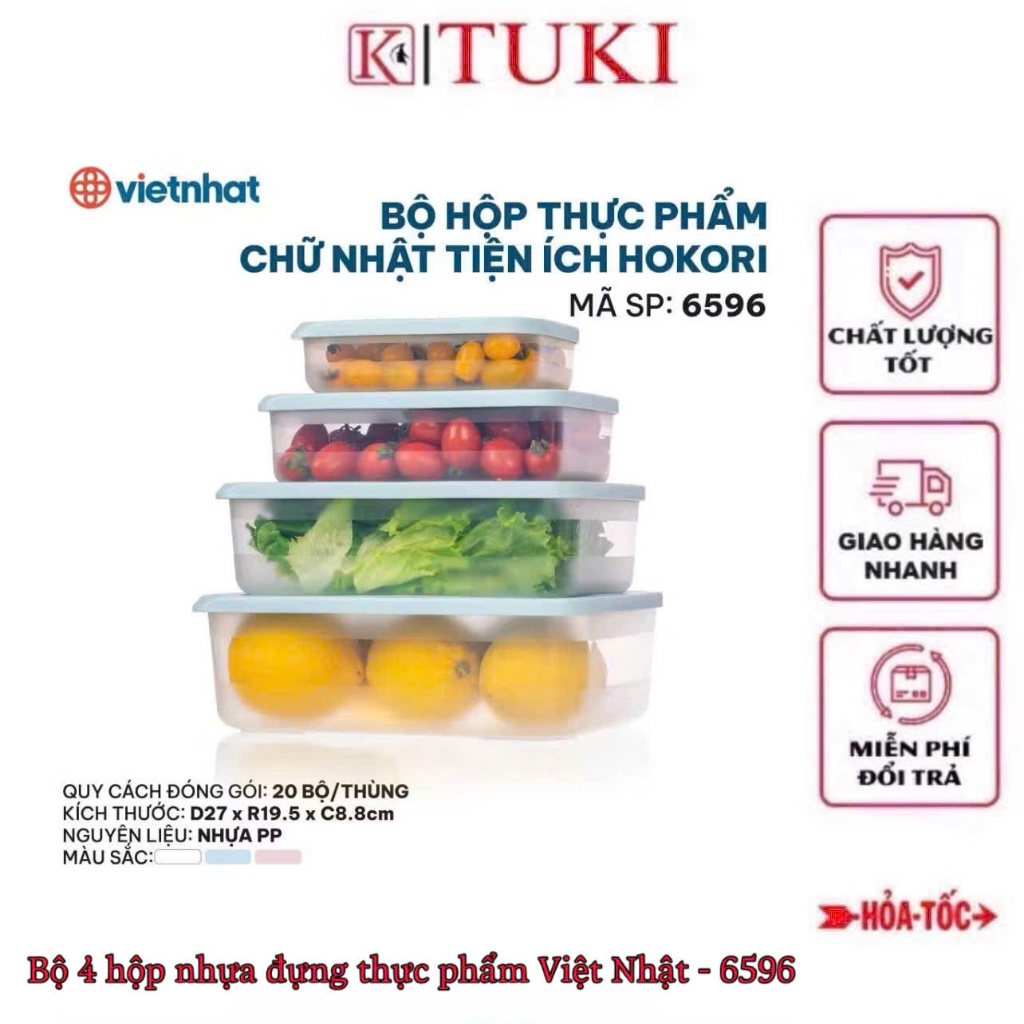 [6596 - Việt Nhật] Bộ 4 hộp nhựa chữ nhật đựng thực phẩm, bảo quản thực phẩm lạnh nhiều kích cỡ, có 