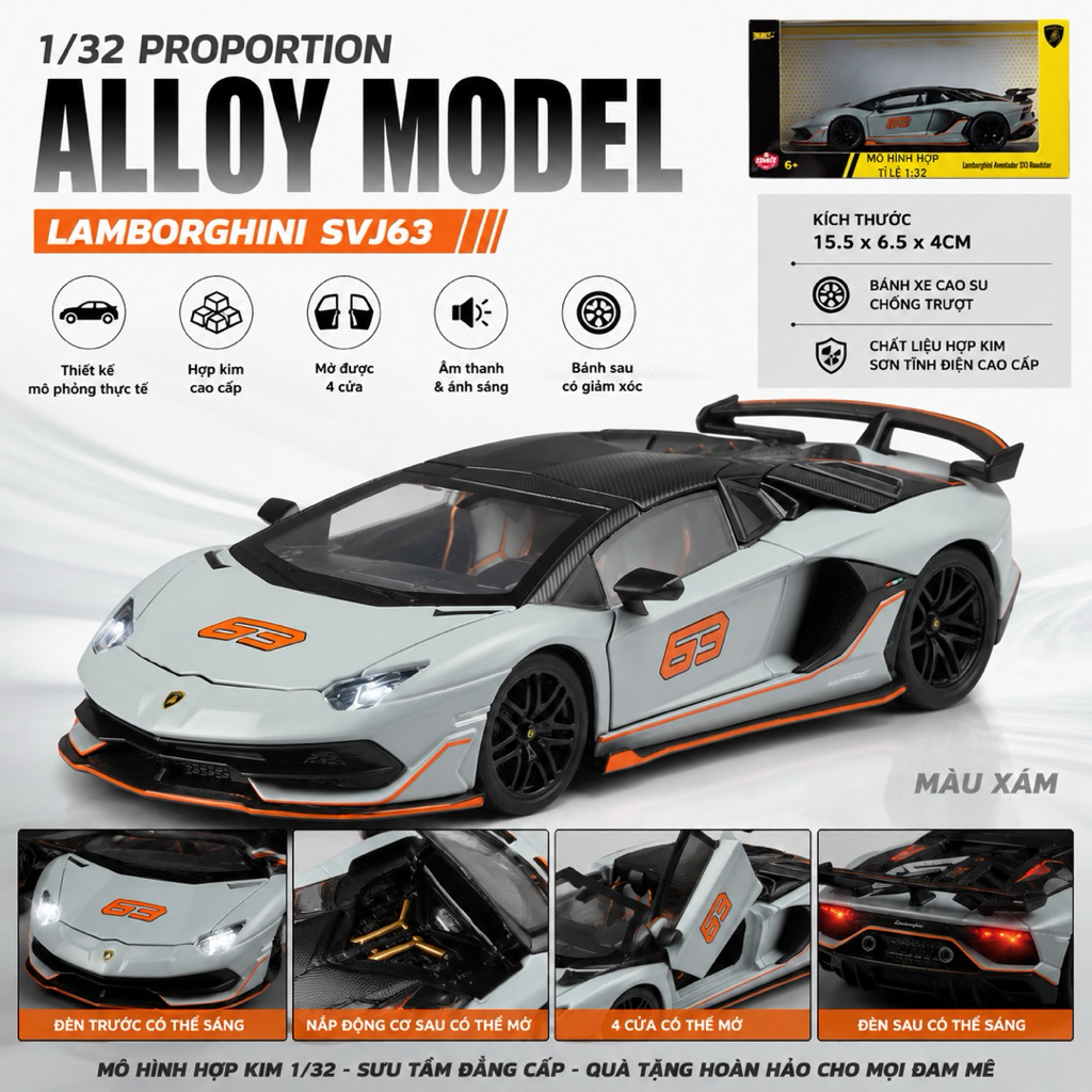Mô Hình Xe Hợp Kim Lamborghini Aventador SVJ63 1:32 – Mở Cửa, Đèn & Âm Thanh, Thân Kim Loại Cao Cấp