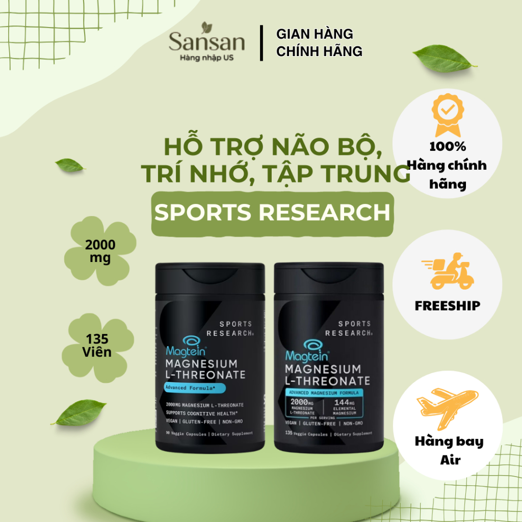 Sports Research Magtein Magnesium L-Threonate 90 Viên - Magie L-Threonate Hỗ Trợ Não Bộ, Trí Nhớ, Tậ