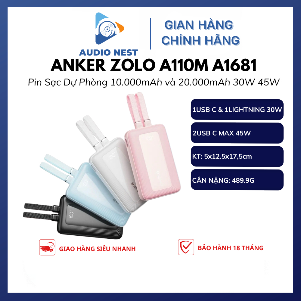Pin Sạc Dự Phòng Anker A1681 10000mAh / 20000mAh 30W 45W Tích Hợp Sẵn 2 Cáp USB-C & L - Bảo Hành 18 
