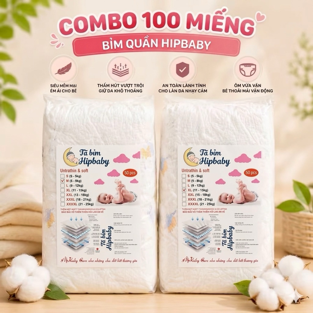 COMBO 100 Bỉm quần/dán HIPGIG A _Hipbaby care đủ size S M/L/XL/2XL/3XXL/