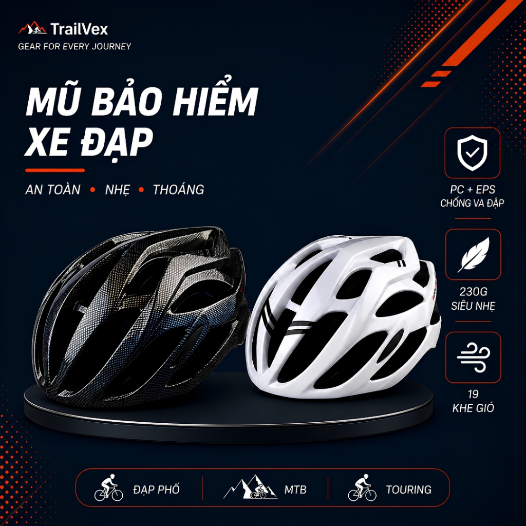 Mũ Bảo Hiểm Xe Đạp TrailVex Siêu Nhẹ 230G, Nón Bảo Hiểm Xe Đạp Thể Thao 19 Khe Gió, Chống Va Đập Cho