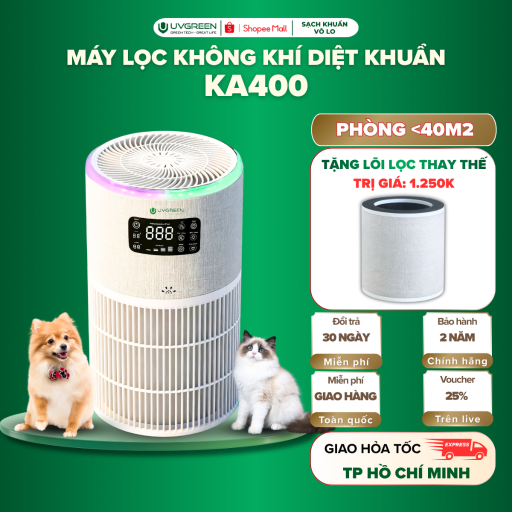 [TẶNG LÕI LỌC] Máy Lọc Không Khí Cho Thú Cưng UVGREEN KA400, UVC LED & Ion Âm Diệt Khuẩn, Lọc Bụi Mị