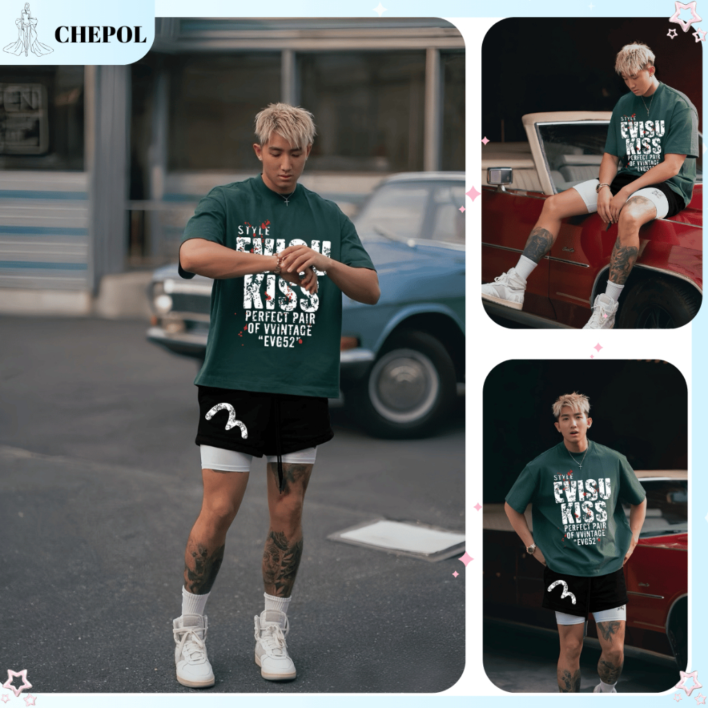 Bộ Thun Nam Chepol Cao Cấp, In EVISU KISS, Chất Cotton, Co Giãn, 2 Chiều, Mềm Mịn (Áo Thun Xanh + Qu