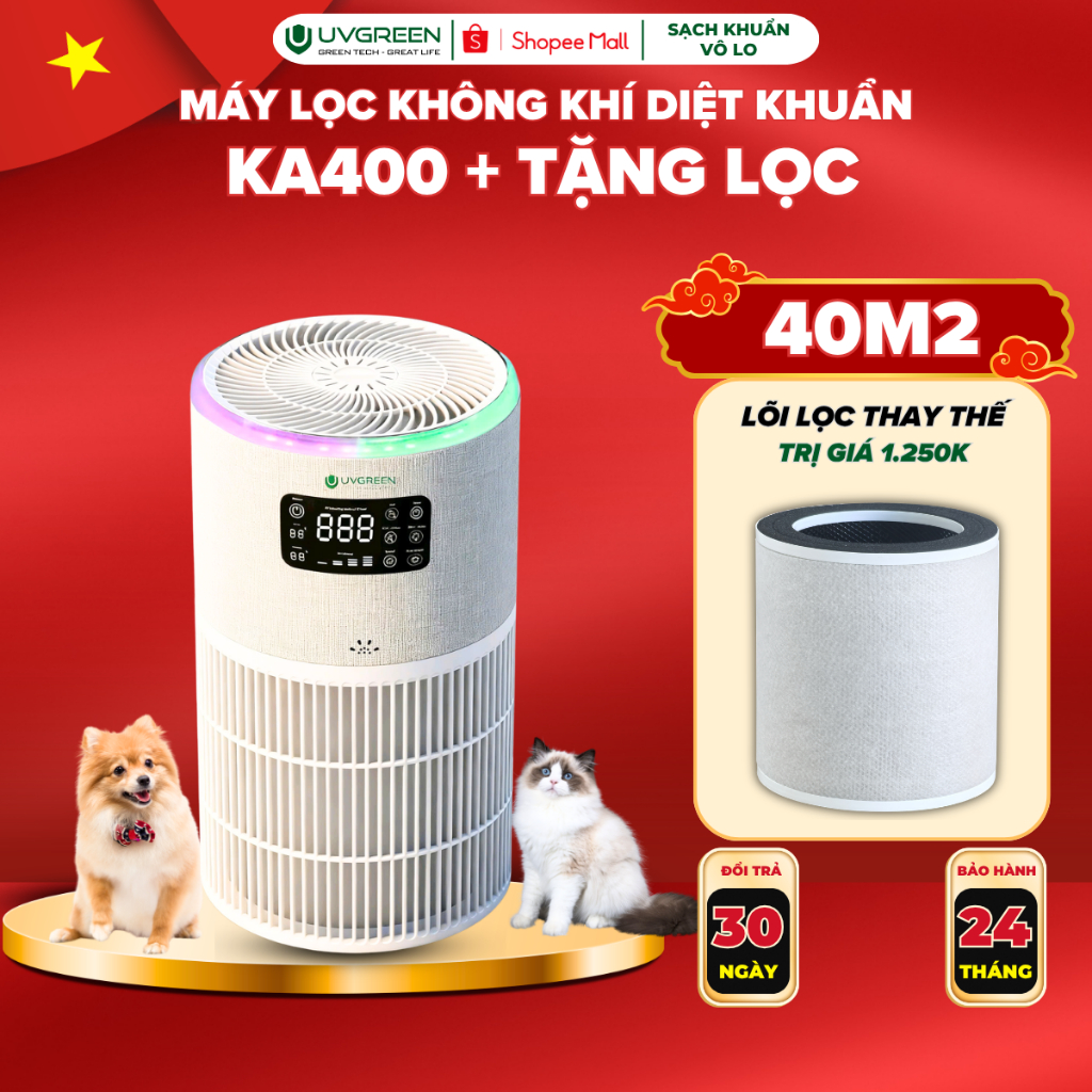 [UVG] [TẶNG LỌC] Máy Lọc Không Khí Cho Thú Cưng UVGREEN KA400, UVC LED & Ion Âm Diệt Khuẩn Lọc Bụi M