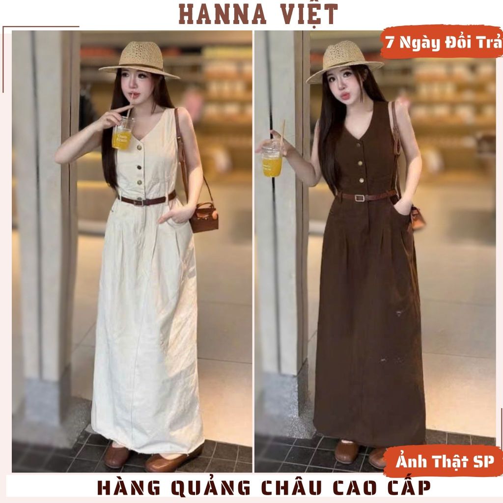 Váy Nữ Sang Chảnh, Váy Maxi, Váy Dài Sát Nách Chiết Eo Phối Khuy Kèm Đai Belt Cao Cấp HCM Ms82