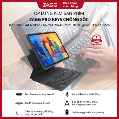 Ốp lưng kèm bàn phím ZAGG Pro Keys chống sốc dành cho iPad Air M2/M3 - Pro M4/M5 -10.9gen10/11/12.9inch, Bảo hành 1 năm
