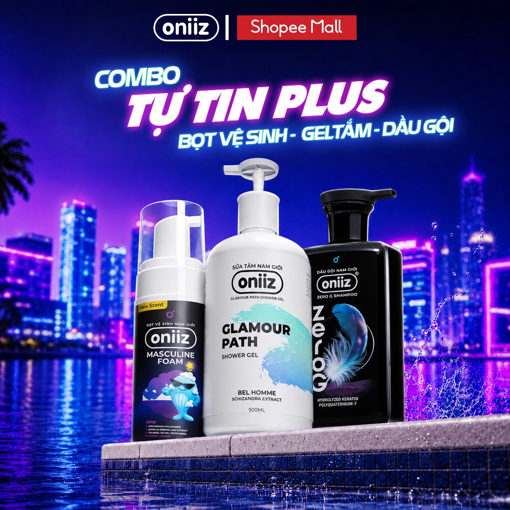 Combo Tự Tin Plus, Bọt vệ sinh nam giới mới Oniiz Masculine Foam, Sữa tắm hương nước hoa, Dầu gội na