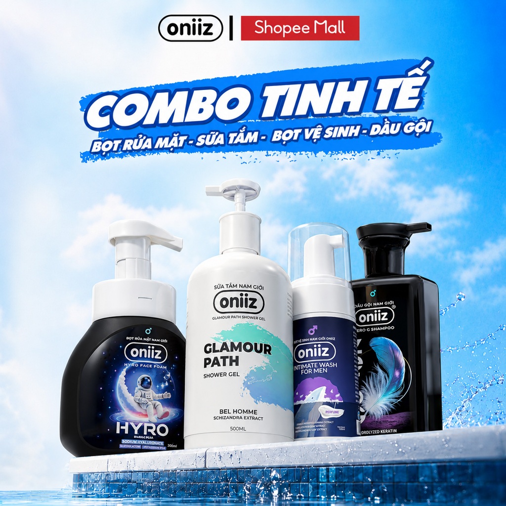 Combo Tinh Tế Oniiz - Bọt vệ sinh nam giới, Sữa tắm hương nước hoa, Dầu gội nam tính mới ZeroG, Bọt 