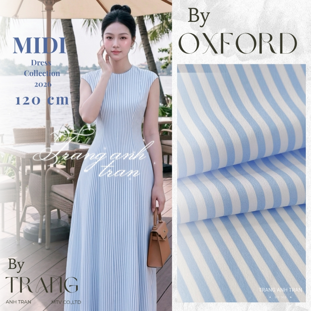 Váy Midi Sọc Oxford Cao Cấp Basic Cổ Tròn Khoá Kéo Sau Lưng