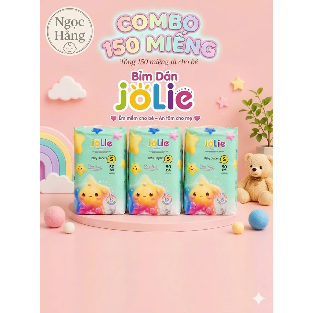 [Jolie 150 miếng] Combo 3 bịch ( mỗi bịch 50 miếng) Bỉm/Tã Dán Jolie đủ size cho bé sơ sinh từ S/M/L