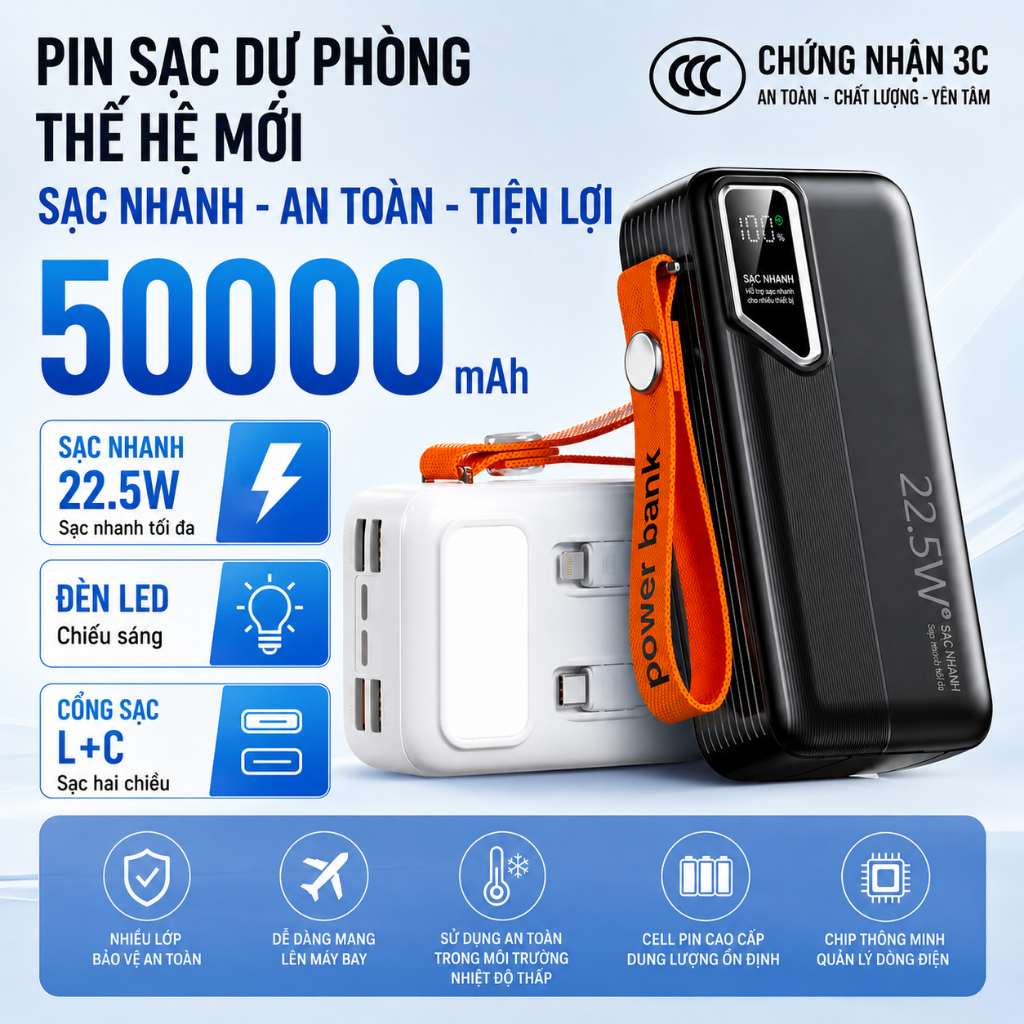 Sạc Dự Phòng 30000mAh 2 Output USB 2 Input Micro Type-C - Hỗ Trợ Sạc Nhanh