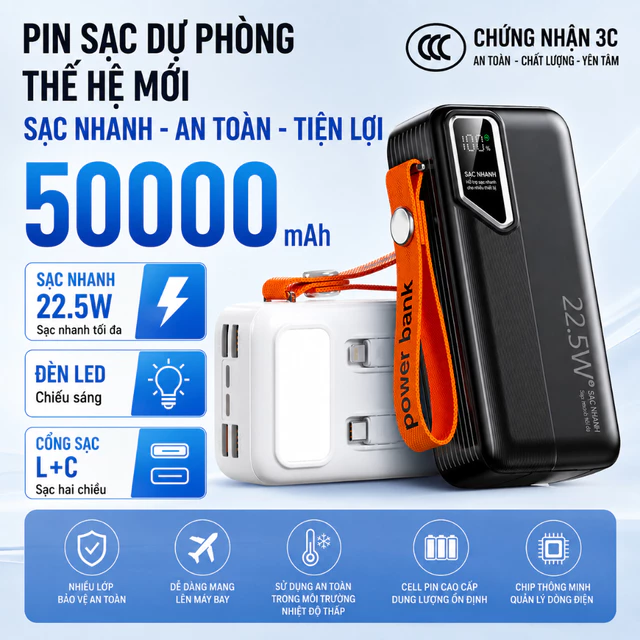 Sạc Dự Phòng 30000mAh 2 Output USB 2 Input Micro Type-C - Hỗ Trợ Sạc Nhanh