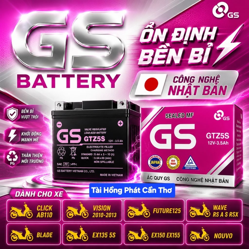 Ắc Quy Xe Máy GS GTZ5S 12V-3.5Ah Dài×Rộng×Cao 112×68×86. Gắn cho xe gì xem trong phần mô tả