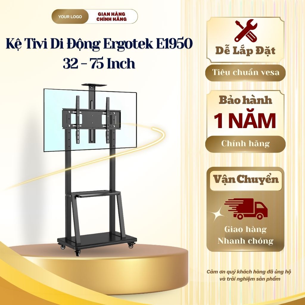 Kệ Tivi Di Động ErgoTek E1950 (40 - 65 Inch) - Giá Treo Tivi Có Bánh Xe, Khay Để Laptop & Camera