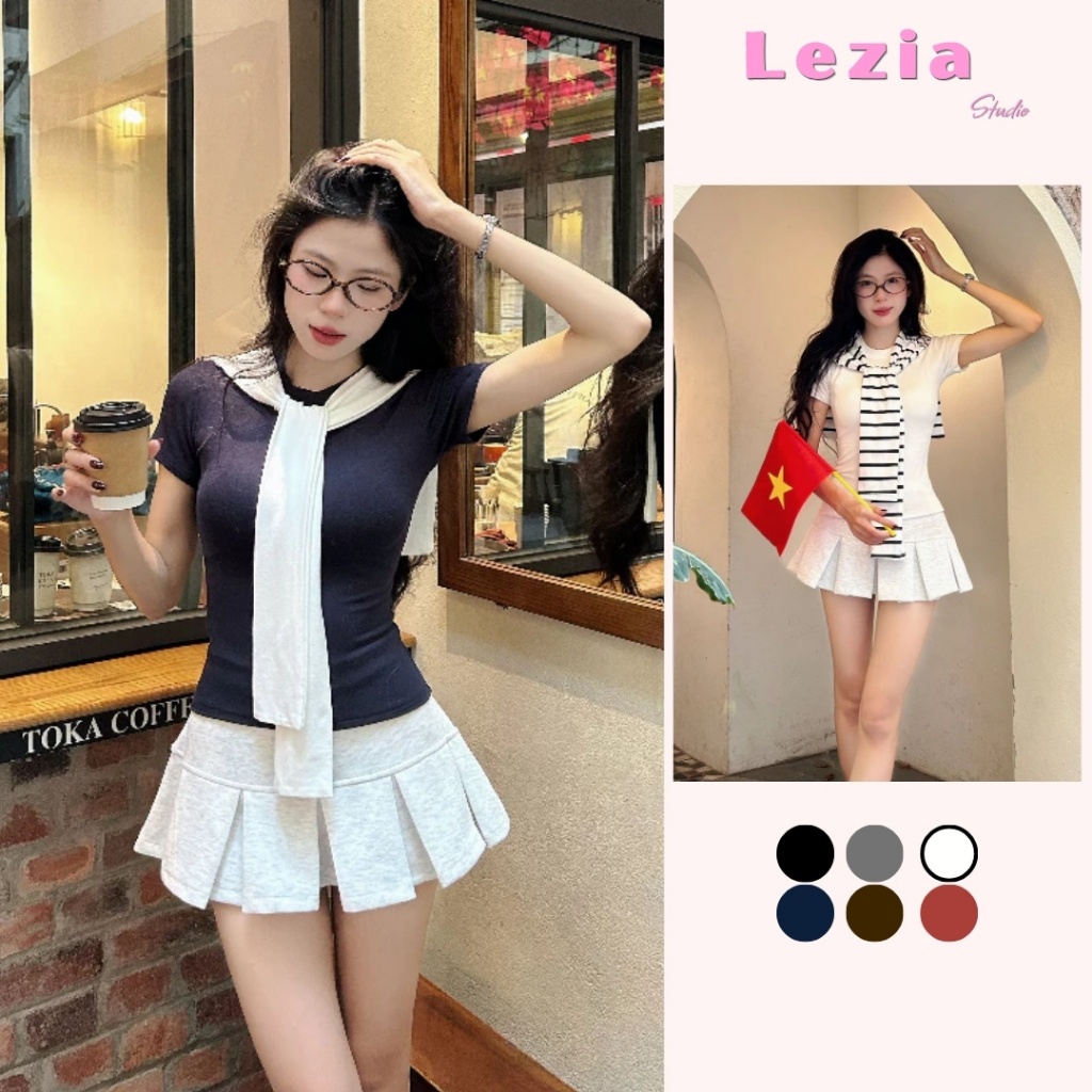 Set 3 Món Áo Thun Ôm Body Cotton Chân Váy Nỉ Form Xếp Ly Kèm Khăn - LEZIA STUDIO CB01