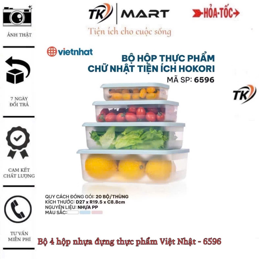 [6596 - Việt Nhật] Bộ 4 hộp nhựa chữ nhật đựng thực phẩm, bảo quản thực phẩm lạnh nhiều kích cỡ, có 