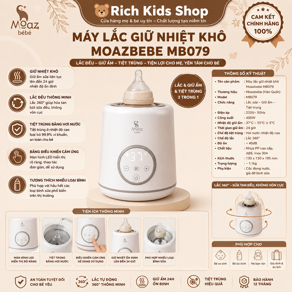 Máy lắc bình sữa và ủ ấm sữa thông minh Moazbebe MB079 - BH 12 tháng lỗi nhà sx