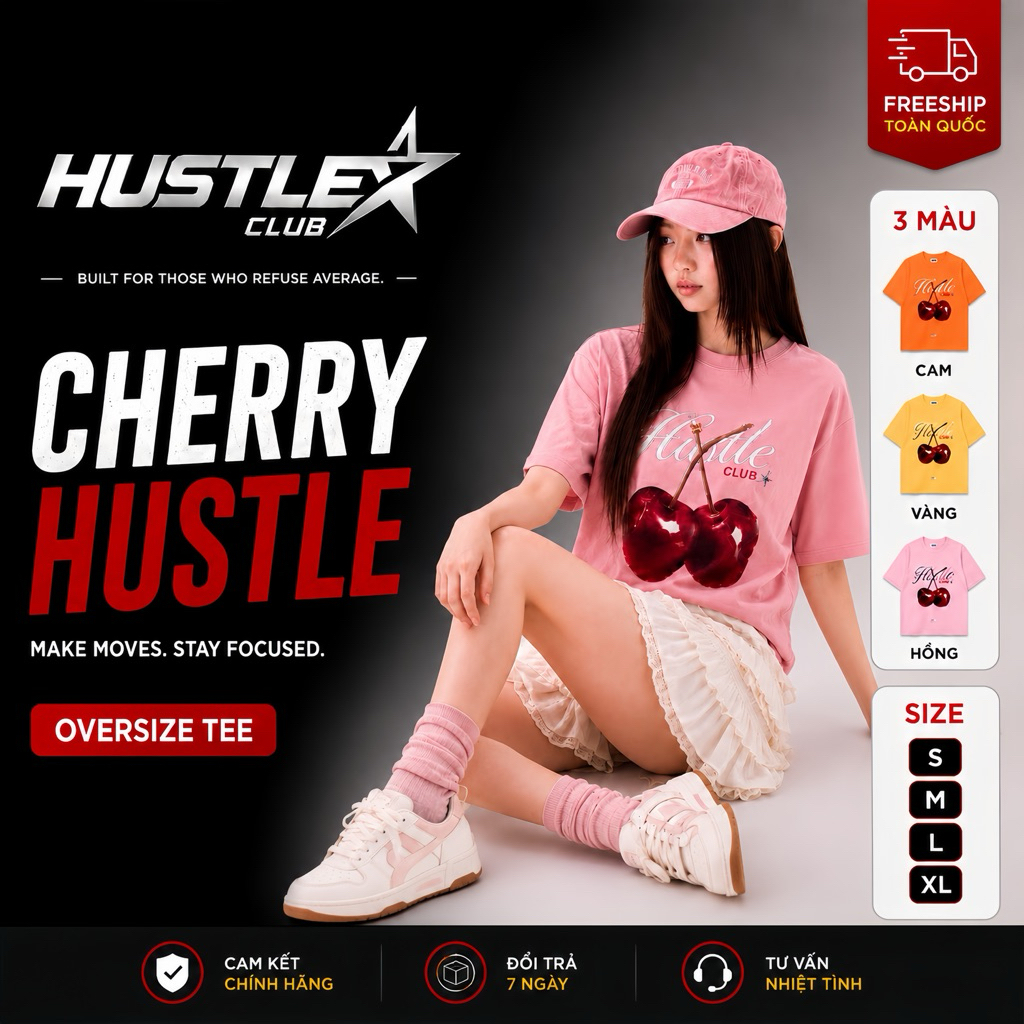 Áo Thun Oversize Hustle Club Cherry Hustle Unisex 100 Cotton Form Rộng, Áo Phông Nam Nữ Streetwear