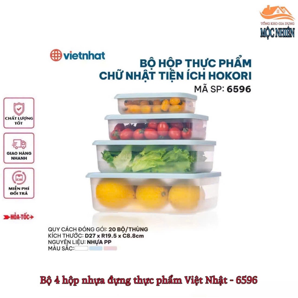 [6596 - Việt Nhật] Bộ 4 hộp nhựa chữ nhật đựng thực phẩm, bảo quản thực phẩm lạnh nhiều kích cỡ, có 