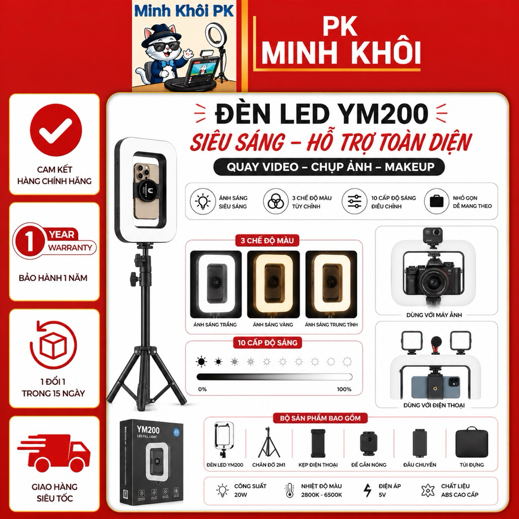 Đèn Livestream, Chụp Ảnh YM200, Hỗ Trợ Quay Video, Chụp ảnh, Makeup 3 Chế Độ Sáng