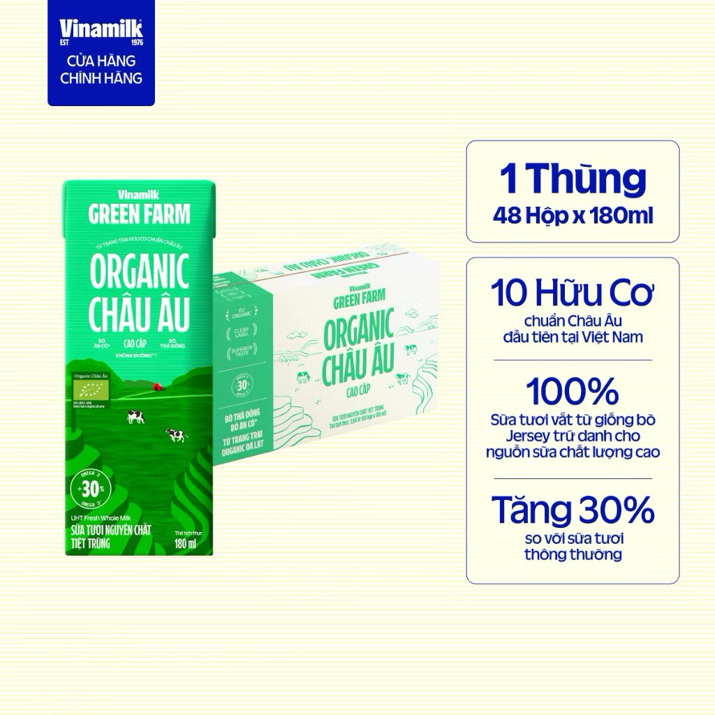 [CHÍNH HÃNG] Thùng 48 hộp Sữa Tươi Tiệt Trùng Vinamilk Green Farm Organic Châu Âu 180ml