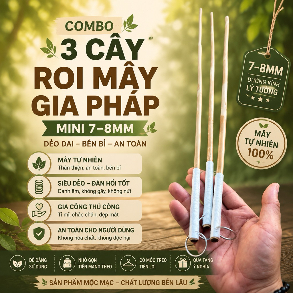 (Móc treo)Combo 3 cây roi mây gia pháp 7-8mm